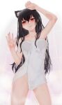  1girl against_fourth_wall against_glass animal_ear_fluff animal_ears black_hair breast_press breasts breasts_on_glass cat_ears cat_girl extra_ears hand_on_glass highres indie_virtual_youtuber light_smile long_hair looking_at_viewer naked_towel red_eyes shibanme_tekikumo small_breasts towel virtual_youtuber wet xingye 