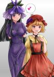  2girls aki_minoriko apron black_gloves black_hair blonde_hair dress elbow_gloves flower gloves grape_hat_ornament grape_print height_difference highres kyabekko looking_at_another multiple_girls orchid plant_print purple_dress purple_eyes red_apron shirt touhou yellow_shirt yomotsu_hisami yuri 