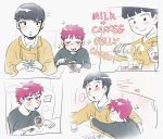  ! ... 2boys aged_down black_hair black_shirt blush child closed_eyes closed_mouth coffee_jello commentary crossover cup eating english_commentary english_text food highres hood hood_down hoodie hug kageyama_shigeo long_sleeves looking_at_another male_child male_focus metukika mob_psycho_100 multiple_boys open_mouth pink_hair pouring saiki_kusuo saiki_kusuo_no_psi_nan shirt short_hair simple_background sitting smile table white_background yellow_hoodie 