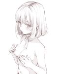  1girl amezawa_koma blush breasts choker covering covering_breasts embarrassed greyscale highres looking_at_viewer medium_breasts monochrome nude original ribbon_choker short_hair simple_background sketch solo upper_body 