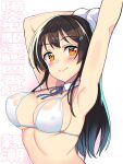  1girl arms_up bikini bikini_top_only blue_ribbon breasts cleavage commentary_request detached_collar gloves highres kantai_collection large_breasts long_hair neck_ribbon orange_eyes oyashio_(kancolle) ribbon smile solo swimsuit taketora_suzume translation_request upper_body white_bikini white_gloves 