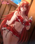  1girl absurdres alternate_costume bare_arms bare_legs bare_shoulders bikini bikini_skirt breasts cleavage collarbone cordelia_(fire_emblem) cordelia_(summer)_(fire_emblem) fingerless_gloves fire_emblem fire_emblem_awakening fire_emblem_heroes gloves hair_between_eyes highres indoors long_hair looking_at_viewer midriff red_bikini red_eyes red_hair smile solo swimsuit thighs toned very_long_hair vilde_loh_hocen wing_hair_ornament 