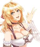  1girl black_choker blonde_hair blue_eyes blush breasts choker cleavage collar collarbone commentary_request detached_sleeves fiora_(xenoblade) hair_ribbon highres large_breasts long_hair looking_at_viewer open_mouth ribbon simple_background smile solo to_(tototo_tk) v white_background xenoblade_chronicles_(series) xenoblade_chronicles_1 