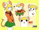  absurd_res anthro blonde_hair bottomwear breasts clothed clothing efradraws female female_anthro fur gesture green_eyes hair hi_res mammal meme mouse moushley murid murine parody rodent scarf simple_background skirt small_breasts solo sweater tail topwear v_sign white_background white_body white_fur 