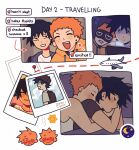  2boys aircraft airplane arrow_(symbol) black_hair blush closed_eyes commentary cuddling english_commentary english_text excited freckles highres hood hood_down hoodie kageyama_ritsu kaogens lying male_focus mob_psycho_100 multiple_boys on_side open_mouth orange_hair orange_hoodie photo_(object) shirt short_hair short_sleeves simple_background sleep_mask sleeping smile spooning suzuki_shou white_background yaoi zzz 