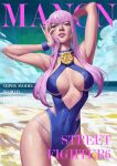  1girl alternate_costume blue_eyes breasts clothing_cutout covered_navel highres lips lipstick looking_at_viewer makeup manon_legrand one-piece_swimsuit outdoors phamoz pink_hair short_hair short_hair_with_long_locks solo street_fighter street_fighter_6 swimsuit 