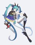  aqua_eyes aqua_hair black_footwear black_gloves boots cape double_bun dragon_miku_(project_voltage) fake_horns gloves hair_bun hatsune_miku headphones highres holding holding_sword holding_weapon horns knee_boots long_hair looking_at_viewer mongguri multicolored_hair pants pokemon project_voltage shoulder_cape simple_background single_bare_shoulder sword twintails very_long_hair vocaloid weapon white_pants 