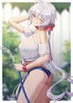  1girl ;) ass blue_shorts blurry blurry_background breasts fence from_side grey_hair hair_between_eyes holding holding_hose hose large_breasts long_hair looking_at_viewer low_twintails midriff off-shoulder_shirt off_shoulder one_eye_closed outdoors parted_lips pink_scrunchie purple_eyes scrunchie senki_zesshou_symphogear shirt short_shorts shorts smile solo tied_shirt tsukamoto_kensuke twintails very_long_hair water wet wet_clothes wet_hair wet_shirt white_shirt wooden_fence wrist_scrunchie yukine_chris 