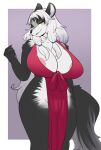  anthro areola big_breasts black_body black_fur breasts canid canine clothed clothing dress female fur hair hi_res huge_breasts looking_at_viewer mammal pink_areola red_clothing red_dress sindoll solo white_body white_fur white_hair 