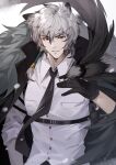  1boy absurdres animal_ears arknights bird black_cape black_gloves black_necktie cape collared_shirt commentary_request gloves grey_hair hair_between_eyes hand_up highres leopard_ears long_hair looking_at_viewer male_focus necktie parted_lips shirt silverash_(arknights) smile solo tail upper_body white_shirt woodylixx yellow_eyes 