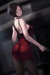  1girl ada_wong asian ass black_choker black_hair breasts brown_eyes brown_pantyhose cait_aron choker closed_mouth dress gun handgun holding holding_gun holding_weapon looking_at_viewer looking_back medium_breasts pantyhose red_dress resident_evil resident_evil_4 resident_evil_4_(remake) short_dress short_hair solo weapon 