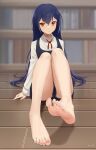  1girl absurdres arm_support bare_legs black_pantyhose blue_hair blue_shirt blue_skirt blurry blurry_background book bookshelf collared_shirt commission depth_of_field feet foreshortening hair_between_eyes highres indoors j.c.14 knees_together_feet_apart knees_up kohinata_kuon legs long_hair looking_at_viewer neck_ribbon necktie no_shoes on_ground orange_eyes original panties panty_peek pantyhose pixiv_commission red_ribbon ribbon school_uniform shirt signature sitting skirt soles solo toenails toes underwear uniform very_long_hair white_panties wooden_floor 