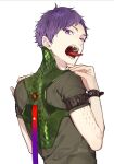  1boy brown_shirt commentary fangs fingernails hagiwara_daisuke hands_on_own_shoulders hands_up hori-san_to_miyamura-kun ishikawa_tooru looking_at_viewer male_focus open_mouth purple_eyes purple_hair shirt short_bangs short_hair short_sleeves solo teeth tongue tongue_out twitter_username upper_body 