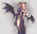  1girl bat_wings black_horns black_nails blue_gemstone breasts brown_eyes cactus41747280 cleavage demon_girl demon_horns dress facial_mark feathers final_fantasy final_fantasy_xi fingernails forehead_mark gem hair_intakes hand_up highres hip_vent horn_ornament horns lady_lilith long_hair nail_polish open_mouth pink_lips pointy_ears purple_dress purple_feathers purple_wings red_hair sharp_fingernails small_breasts solo standing strapless strapless_dress wavy_hair wings 