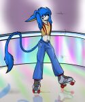  anthro bulge drip_(jack) genital_outline hands_behind_head hi_res hybrid illegaleel jack_(webcomic) male penis_outline pubes pubic_hair_peek pubic_trail roller_rink roller_skates solo 