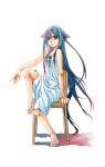  1girl bare_shoulders barefoot_sandals black_ribbon blue_eyes blue_hair breasts chair commentary_request dress eldritch_abomination full_body hair_flaps highres long_hair looking_at_viewer ribbon saitou_nekoichi saya_(saya_no_uta) saya_no_uta simple_background sitting small_breasts smile solo sundress very_long_hair white_background white_dress 