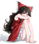  1girl alinoce716 ass bare_arms bare_legs bare_shoulders barefoot blunt_bangs bow breasts brown_eyes brown_hair covering_mouth frills full_body glaring hair_bow hair_tubes hakurei_reimu highres knees_up light_blush long_hair looking_at_viewer petticoat red_bow red_skirt red_vest sidelocks simple_background sitting skirt skirt_set sleeveless small_breasts solo toenails toes touhou very_long_hair vest white_background 
