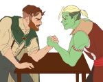  2_horns arm_wrestling beard billiespennyjar clothed clothing drawfee_(copyright) drawtectives duo emery_justice facial_hair facial_scar fully_clothed green_body green_skin gyorik_rogdul horn horned_humanoid humanoid humanoid_pointy_ears male not_furry orc scar 