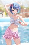  1girl arm_up bare_arms bare_shoulders blue_eyes blue_hair bow breasts chigusa_minori cleavage collarbone hair_ornament hairclip highres jitsu_wa_imouto_deshita. large_breasts looking_at_viewer navel parted_lips pink_bow pink_skirt pool short_hair skirt smile solo stomach swimsuit thighs 