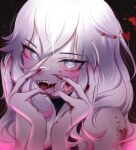  1girl :d black_background blood blood_on_arm blood_on_face blood_on_hands briar_(league_of_legends) colored_sclera fangs fingernails grey_eyes grey_hair hair_between_eyes highres koemi_ky_(koemi_nei) league_of_legends long_hair looking_at_viewer multicolored_hair open_mouth pink_hair pink_sclera pointy_ears sharp_fingernails sharp_teeth smile solo teeth two-tone_hair vampire 