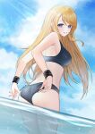  1girl ass bare_arms bare_shoulders bikini black_bikini blonde_hair blue_eyes blue_sky cloud cowboy_shot day english_commentary grin hair_down highres long_hair looking_at_viewer metroid outdoors samus_aran sky smile solo standing swimsuit thighs very_long_hair wading water yami_(rear4742) 