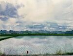  blue_sky cloud cloudy_sky day farm highres mountain mountainous_horizon no_humans original painting_(medium) reflection reflective_water rice_paddy rural shibakaka sky traditional_media water watercolor_(medium) 