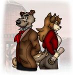  2022 aleu_(balto) anthro ascot back_to_back balto_(film) black_nose bottomwear breasts brown_body brown_fur brown_hair butt canid canine canis chief_(fath) clothed clothing digital_media_(artwork) disney domestic_dog duo ear_piercing eyes_closed female fingers folwilliar fox_and_the_hound fur grey_body grey_fur hair half-length_portrait hands_behind_back humanoid_hands hunting_dog husky hybrid irish_wolfhound long_hair male male/female mammal nordic_sled_dog outside pants paper piercing portrait shirt sighthound spitz standing tail teasing topwear universal_studios water_tower wolf wolfdog 