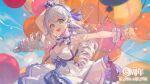  1girl :d arm_up balloon bare_shoulders benghuai_xueyuan blue_eyes blue_flower blue_hairband blue_sky breasts cleavage cloud commentary_request day dress drill_hair eye_tearlessflower eyebrows_hidden_by_hair flower frilled_dress frills grey_hair hair_between_eyes hairband highres honkai_(series) korean_commentary long_hair looking_at_viewer medium_breasts outdoors sky sleeveless sleeveless_dress smile solo teeth twin_drills upper_teeth_only very_long_hair white_dress white_flower wrist_cuffs 