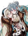  ! !! 3boys animal_ears aqua_eyes blonde_hair blush brown_scarf closed_mouth dual_persona eichi_turnr ensemble_stars! hibiki_wataru highres leopard_boy leopard_ears leopard_tail male_child male_focus multiple_boys open_mouth scarf shared_clothes shared_scarf short_hair tail tenshouin_eichi white_background 