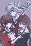  3girls blunt_bangs braid brown_hair closed_mouth danganronpa:_trigger_happy_havoc danganronpa_(series) danganronpa_2:_goodbye_despair danganronpa_v3:_killing_harmony fukawa_toko genocider_shou glasses grey_hair hair_ornament hair_ribbon hair_scrunchie hairclip harukawa_maki highres holding holding_scissors katana long_hair long_sleeves long_tongue looking_at_viewer low_twintails mole mole_under_eye mole_under_mouth multiple_girls open_mouth pekoyama_peko red_eyes red_scrunchie red_shirt ribbon round_eyewear sailor_collar satori_(aosky9077) school_uniform scissors scrunchie shirt simple_background sword tongue tongue_out twin_braids twintails weapon white_ribbon white_sailor_collar 