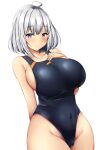  1girl absurdres ahoge arm_behind_back armband black_one-piece_swimsuit blue_eyes blush breasts closed_mouth collarbone commentary_request competition_swimsuit covered_navel cowboy_shot grey_hair hand_on_own_chest highres huge_breasts looking_at_viewer medium_hair one-piece_swimsuit original short_hair simple_background solo standing swimsuit terakoya upper_body white_background 