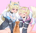  2girls animal_ear_fluff animal_ears belt belt_collar black_collar black_jacket blonde_hair blue_hair blush breasts cat cleavage cleavage_cutout closed_eyes clothing_cutout collar cropped_jacket cropped_shirt dog_ears dog_girl dog_tail dress fangs frilled_shorts frills fur-trimmed_jacket fur_trim fuwawa_abyssgard hair_ornament hairpin headphones headphones_around_neck highres hololive hololive_english isazawa jacket large_breasts long_hair looking_down medium_hair mococo_abyssgard multicolored_hair multiple_girls open_mouth pink_belt pink_eyes pink_hair shirt short_dress shorts siblings sisters smile streaked_hair tail twins two_side_up virtual_youtuber white_dress white_shirt white_shorts x_hair_ornament 