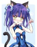  1girl animal_ears bell blue_dress blue_hair blush breasts cat_ears cat_tail cleavage dress hair_bell hair_ornament highres jashin-chan_dropkick long_hair looking_at_viewer medium_breasts no_bra official_art open_mouth paw_pose ran-ran simple_background solo tail yellow_eyes yukiwo 