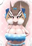  1girl absurdres animal_costume animal_ear_fluff animal_ears bikini blue_bikini breasts brown_eyes brown_hair chipmunk_costume chipmunk_ears chipmunk_girl chipmunk_tail closed_mouth extra_ears highres huge_breasts kemono_friends kemono_friends_v_project large_breasts looking_at_viewer multicolored_hair ribbon short_hair siberian_chipmunk_(kemono_friends) simple_background smile solo swimsuit tail tanio_(tanio_0114) virtual_youtuber white_hair 