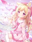  1girl absurdres animal_ears blonde_hair bubble cat_ears dress highres original parted_bangs pink_dress pleated_dress sailor_dress sidelocks soap_bubbles yuduki_pdx 