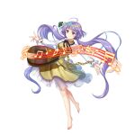  1girl barefoot biwa_lute chain dress flower full_body game_cg hair_flower hair_ornament highres instrument long_hair long_sleeves looking_at_viewer lute_(instrument) musical_note purple_eyes purple_hair rotte_(1109) simple_background solo third-party_source touhou touhou_lost_word tsukumo_benben very_long_hair white_background white_flower yellow_dress 