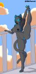  absurd_res anthro at&#039;harka_(jackwolf) black_body black_fur blue_eyes breasts clothed clothing cloud day felid female fur hi_res jacket mammal mrferret nipples outside pantherine pawpads paws skimpy sky smile solo stretching sun thong topwear underwear 