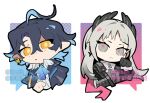  1boy 1girl ahoge ammunition_belt arknights ascot blue_ascot blue_dress blue_hair chibi dress grey_eyes grey_hair hand_up irene_(arknights) jacket long_hair long_sleeves looking_at_viewer lumen_(arknights) open_clothes open_jacket paw_pose pink_pupils scar scar_across_eye shirt simple_background south_ac twitter_username white_shirt 