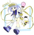  100_(hundredwell) 1girl ah-kun asymmetrical_legwear back_bow bird blue_eyes blue_hair blush bow candy copyright_name detached_sleeves duck food full_body hat highres holding holding_candy holding_food holding_lollipop korean_commentary light_blue_hair lollipop long_sleeves moetan mortarboard nijihara_ink one-piece_swimsuit pastel_ink short_hair single_loose_sock socks solo swimsuit swirl_lollipop thighhighs two_side_up uneven_legwear white_one-piece_swimsuit white_sleeves white_socks white_thighhighs yellow_bow zettai_ryouiki 