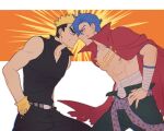  2608337875 2boys black_hair blonde_hair blue_hair cape face-to-face hands_in_pockets highres kamina_(ttgl) kittan_bachika male_focus midriff_sarashi multiple_boys red_cape red_eyes sarashi tengen_toppa_gurren_lagann topless_male two-tone undercut 