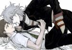  2boys black_jacket black_pants brown_hair chain chained collar collarbone collared_shirt danganronpa_(series) danganronpa_2:_goodbye_despair danganronpa_another_episode:_ultra_despair_girls from_side green_necktie grey_hair highres hinata_hajime holding holding_chain jacket knee_up komaeda_nagito lying male_focus medium_hair messy_hair metal_collar mittens multiple_boys necktie on_back open_clothes open_jacket open_mouth pale_skin pants servant_(danganronpa) shirt simple_background striped striped_shirt white_background white_shirt xiang_(hako54559088) 