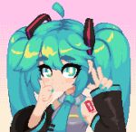  1girl ahoge blue_eyes blue_nails blush closed_mouth detached_ahoge detached_sleeves dithering hair_ornament hand_on_own_face hatsune_miku long_hair long_sleeves looking_at_viewer minimilieu necktie pink_background pixel_art portrait shirt smile solo thick_eyebrows twintails v vocaloid 