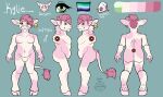  absurd_res anthro bovid bovine catatonicillustrates cattle dairy_cow ear_tag fluffy food fruit fur girly hair hi_res kylie_(kyliebobile) male mammal milk model_sheet pink_body pink_fur pink_hair plant pride_color_flag solo spots spotted_body strawberry 