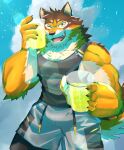  abs absurd_res anthro barrel_(live_a_hero) beverage biceps bottomwear brown_body brown_fur canid canine canis clothing fur green_tea_kmn hi_res lifewonders live_a_hero male mammal muscular muscular_anthro muscular_male offering_to_viewer one_eye_closed pecs shorts smile solo wink wolf 