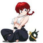  1980s_(style) areola_slip barefoot black_pants blue_eyes braid braided_ponytail breasts closed_mouth covered_nipples genderswap genderswap_(mtf) hair_between_eyes indian_style large_breasts loliconder looking_at_viewer p-chan pants pig piglet ranma-chan ranma_1/2 red_hair retro_artstyle simple_background single_braid sitting topless towel towel_around_neck v_arms white_background 