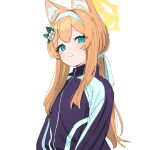  1girl animal_ear_fluff animal_ears aqua_eyes blue_archive blue_jacket closed_mouth commentary double-parted_bangs fox_ears hair_between_eyes halo highres jacket long_sleeves low_ponytail mari_(blue_archive) mari_(track)_(blue_archive) momoeolia orange_hair sidelocks simple_background smile solo split_mouth track_jacket upper_body white_background yellow_halo 
