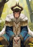  1boy bare_tree body_fur brown_hair bush character_request cleric curled_horns dungeons_and_dragons facial_hair feet_out_of_frame forest fur_coat goat_horns goatee half-closed_eyes highres horns long_sideburns long_sleeves looking_at_viewer male_focus mature_male mole mole_under_eye mutton_chops nature own_hands_clasped own_hands_together plant pointy_ears robusta_mania royal_robe satyr short_hair sideburns sitting smile solo tree 