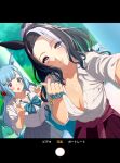  2girls alternate_costume alternate_hairstyle animal_ears artist_name black_hair blue_hair blurry blurry_background blush bow bowtie braid breasts center_opening cleavage clothes_around_waist crown_braid dated double_v dutch_angle finger_heart grey_skirt hair_bun hand_up highres horse_ears jewelry long_hair looking_at_viewer low_twintails matuda_(matudayazo) medium_breasts mejiro_ardan_(umamusume) mejiro_ramonu_(umamusume) mole mole_under_eye multicolored_hair multiple_girls necklace open_mouth phone_screen pleated_skirt purple_eyes reaching reaching_towards_viewer red_nails red_skirt scrunchie selfie shirt shirt_tucked_in skirt sleeves_pushed_up streaked_hair twintails umamusume v white_shirt wrist_scrunchie 