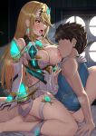  1boy 1girl absurdres bare_shoulders black_hair blonde_hair blue_shirt blush breast_sucking breasts commission earrings elbow_gloves from_side gloves hair_ornament hetero highres jewelry large_breasts long_hair mythra_(xenoblade) nemunemu_semi open_mouth rex_(xenoblade) sex shirt sitting skeb_commission sleeveless sleeveless_shirt straddling sweat upright_straddle white_gloves xenoblade_chronicles_(series) xenoblade_chronicles_2 yellow_eyes 