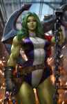  anchor belt chain colored_skin dcwj factory gloves green_eyes green_hair green_skin highres leotard long_hair looking_at_viewer marvel muscular muscular_female official_art over_shoulder she-hulk towel utility_belt weapon weapon_over_shoulder 